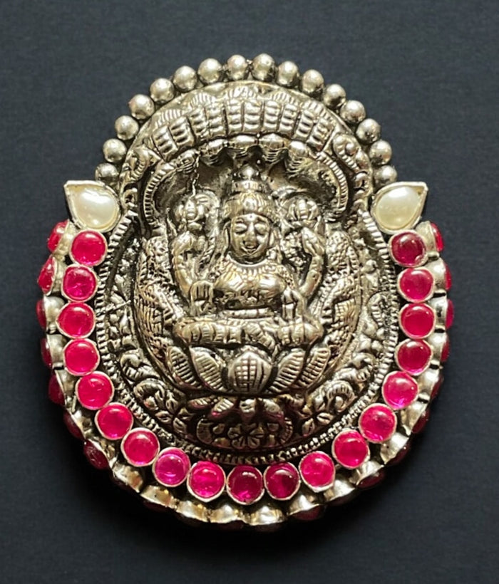 The Abhata Silver Kempu Lakshmi Pendant & Earrings (Oxidised)