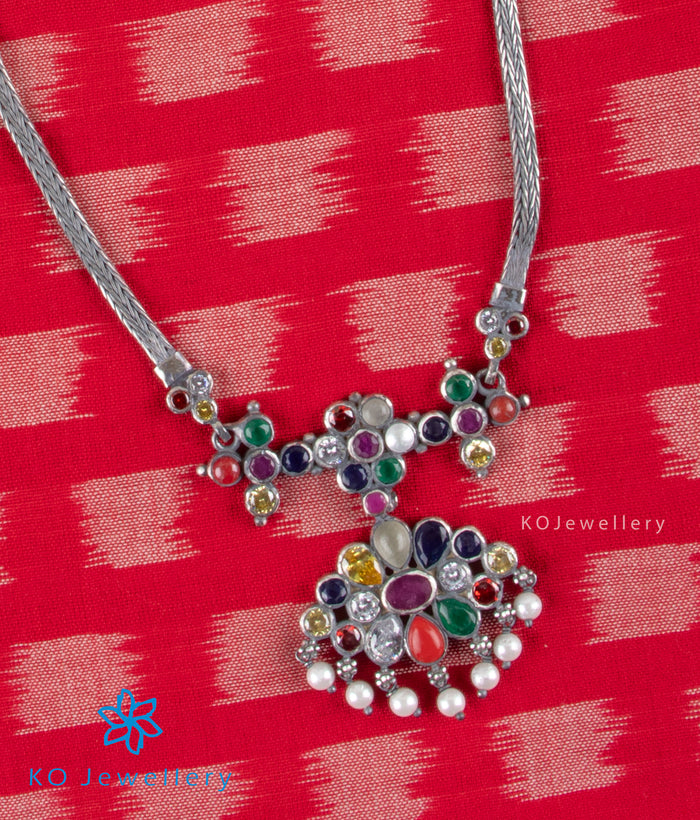 The Mithuna Silver Navratna Necklace (Oxidised)