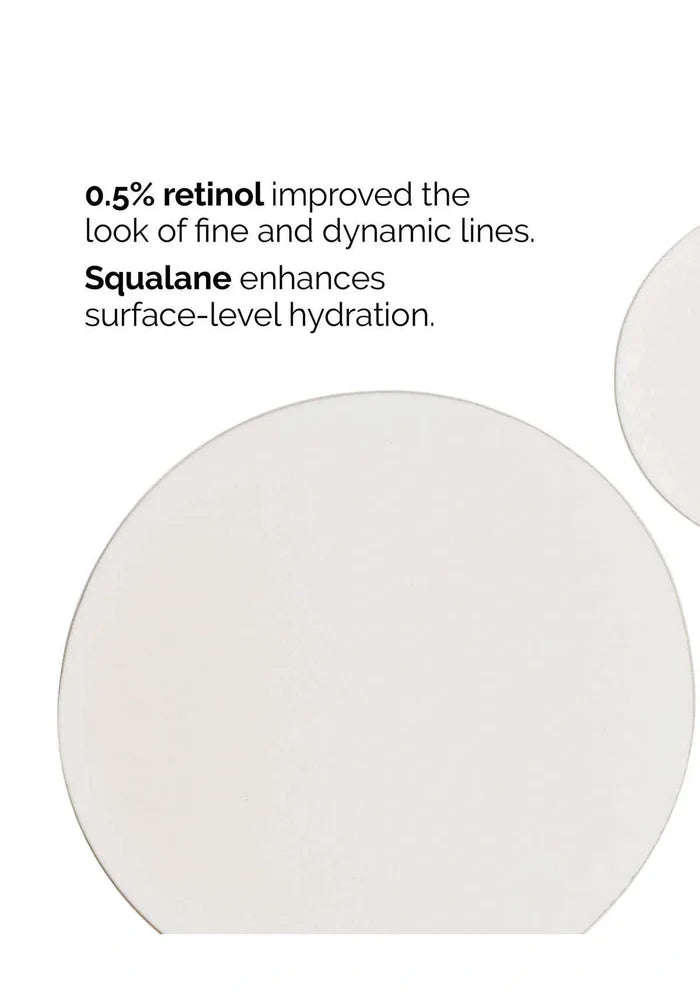 Cosmetic product with text about retinol and squalane on a white background