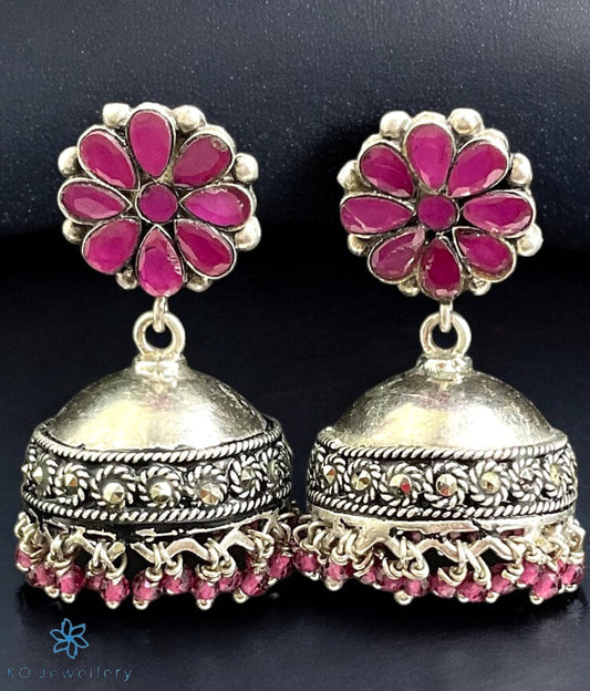A pair of Pitaka Silver Floral Marcasite Jhumkas with KO jewellery logo in bottom left