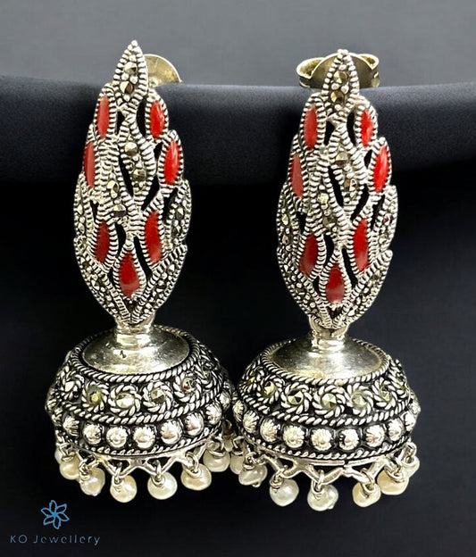 A pair of Varudha Silver Marcasite Jhumkas with KO jewellery logo in the bottom left