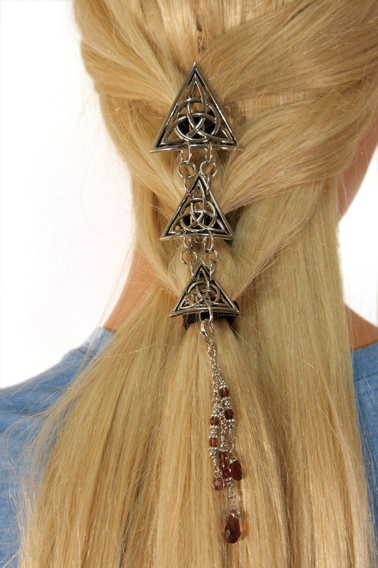 Model wearing Triangle Hair Armor - Silver Celtic Ponytail Holder