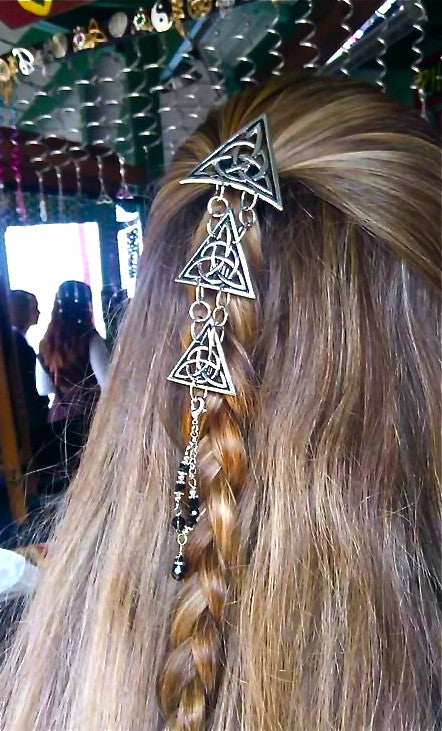 Model wearing Triangle Hair Armor - Silver Celtic Ponytail Holder
