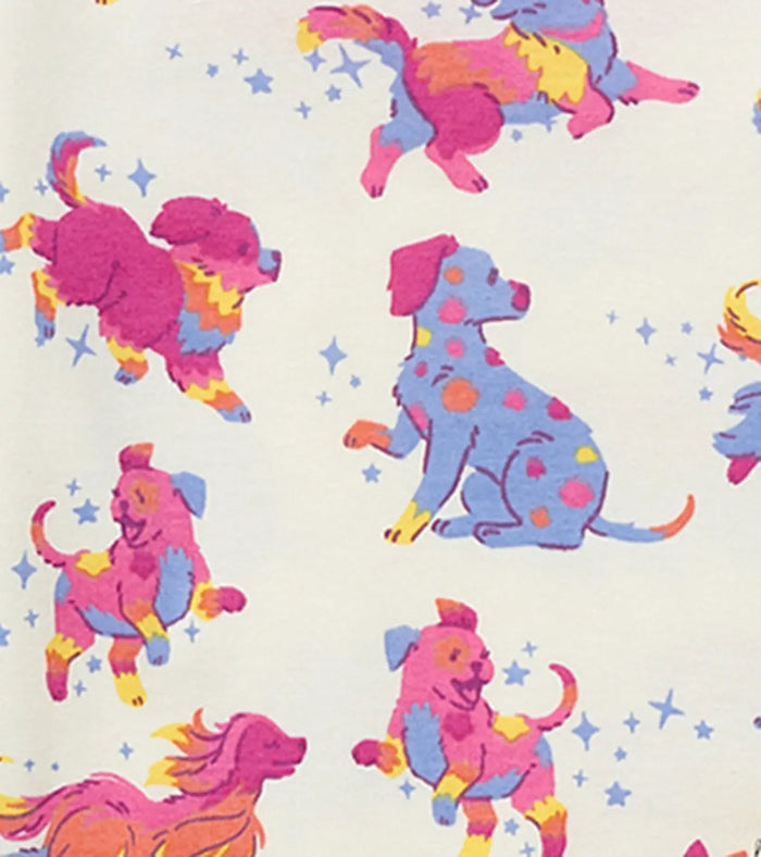 Closeup of Hatley girls pajama cuff with pink trim and Twinkle Puppies print.