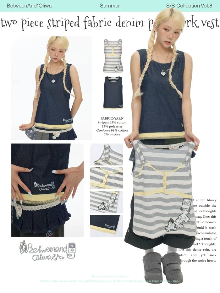 Two piece striped fabric denim patchwork vest top