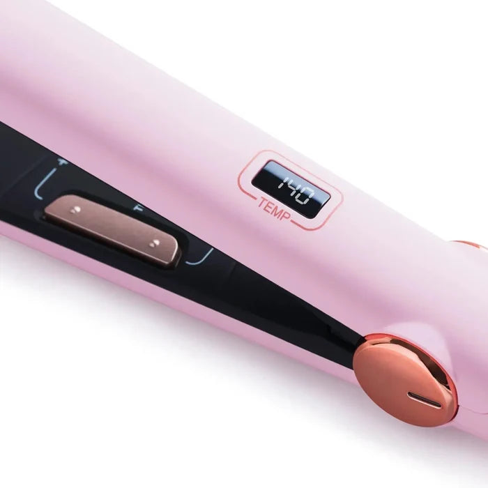 Compact TYMO SWAY portable hair iron in pastel pink with digital temp display