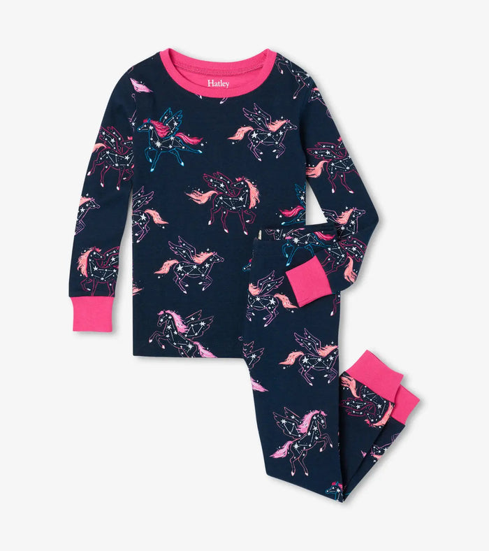 Hatley girls Unicorn Constellations organic cotton pajama set in Navy with pink trim and matching pants.