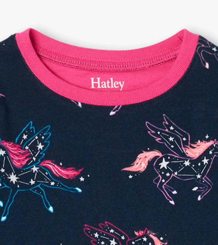 Closeup of Hatley girls unicorn pajama top showing Navy print, pink neckline, and Hatley logo.
