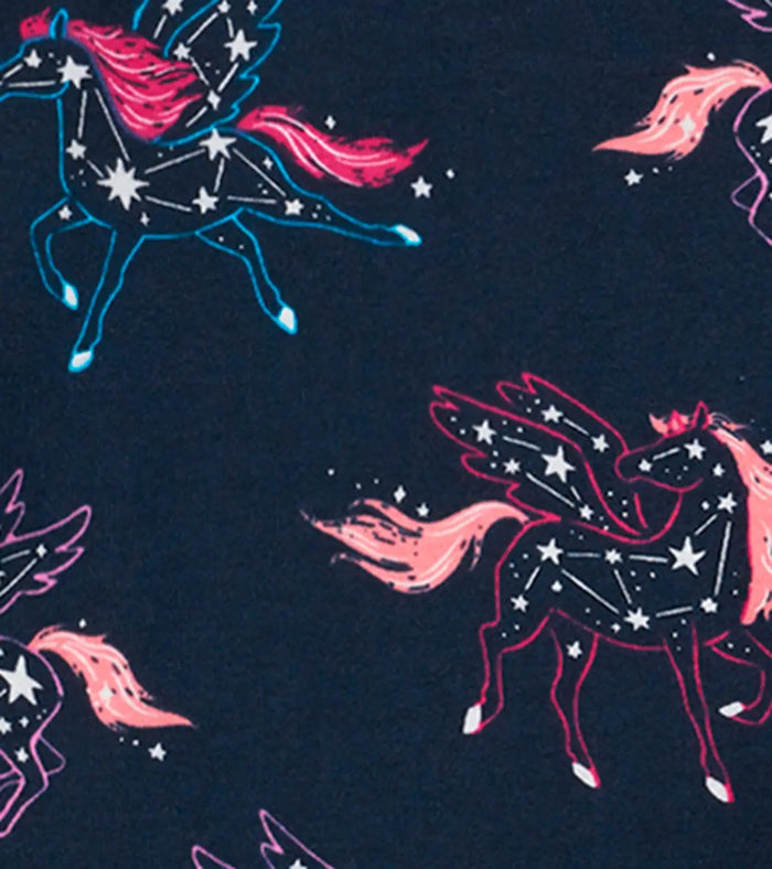 Hatley girls Unicorn Constellations print showing unicorns and stars on Navy organic cotton pajamas.