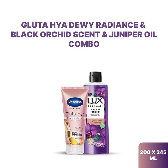 Vaseline Gluta Hya Dewy Radiance Serum in Lotion 200ml & Lux Body Wash Black Orchid Scent & Juniper Oil 245ml Combo