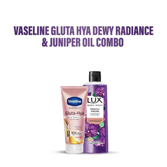 Vaseline Gluta Hya Dewy Radiance Serum in Lotion 200ml & Lux Body Wash Black Orchid Scent & Juniper Oil 245ml Combo