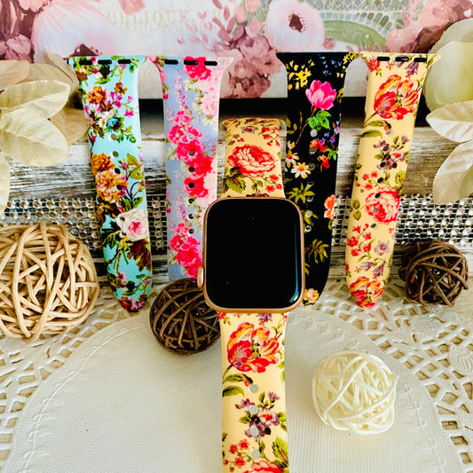 Vintage Floral Print Silicone Band For Apple Watch Multiple Colors Available