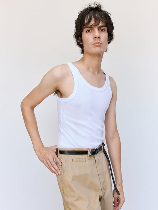 White Cotton Random Teleco Rib Tank Top