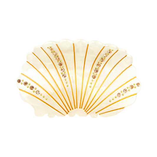 White acetate shell-shaped claw clip decorated with sparkling rhinestones.