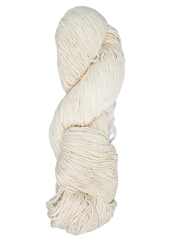 Coiled skein of natural white yarn on a white background.
